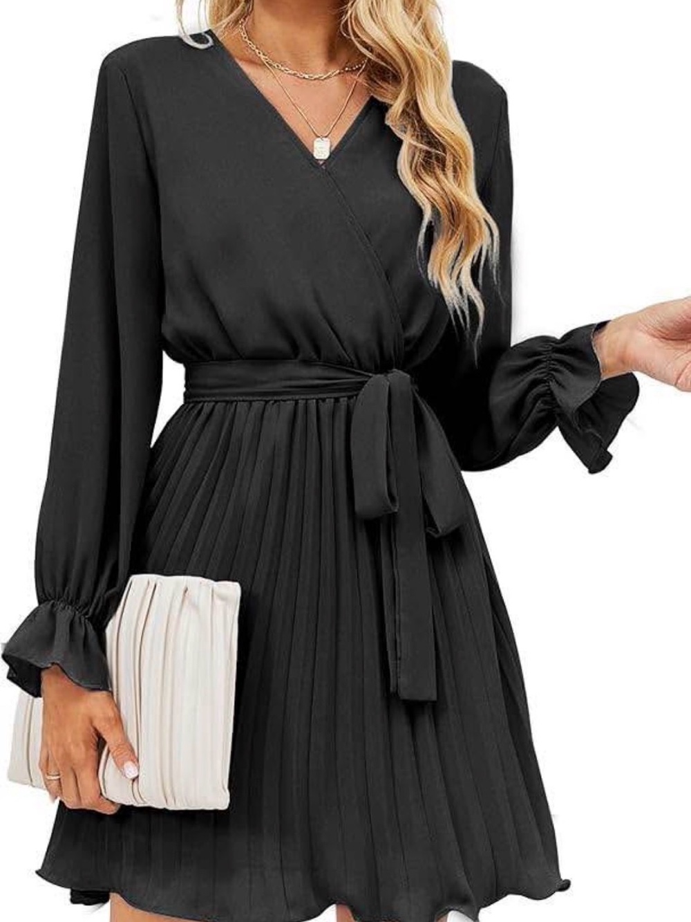 Black Pleated Wrap Dress with Waist Tie - Women